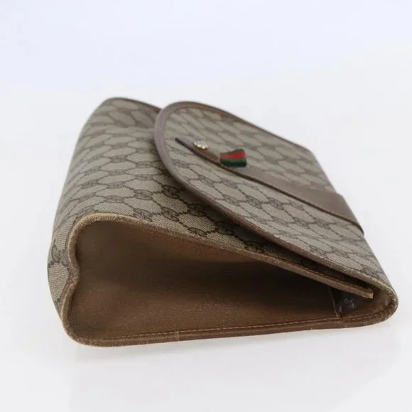 GUCCI GG Supreme Web Sherry Line Clutch Bag PVC Leather Beige Red